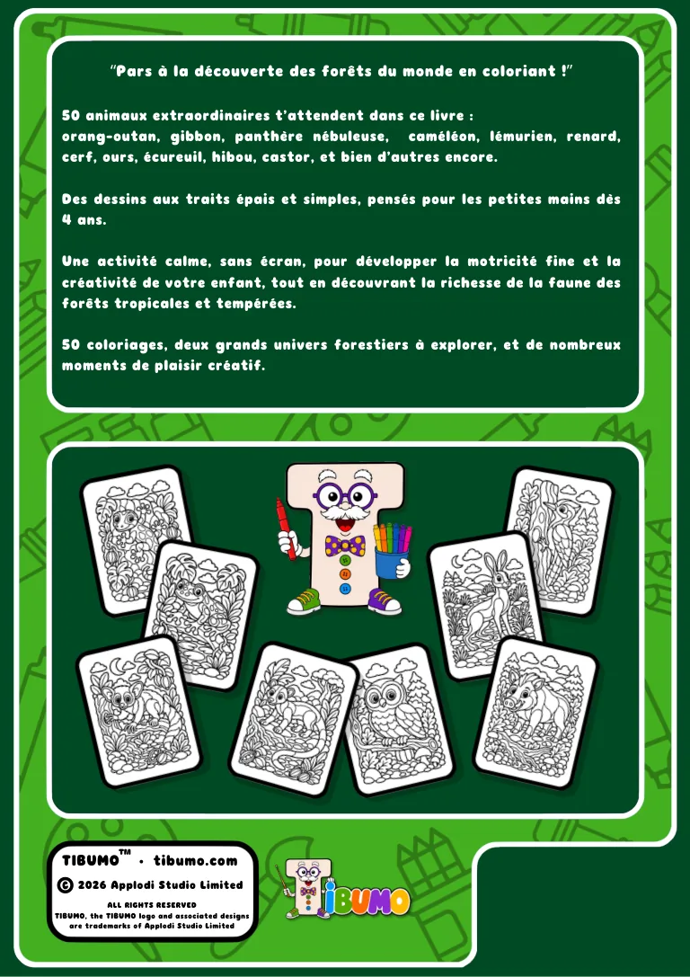 Quatrième de couverture · Tibumo : Les forêts du monde · Coloriage · Français