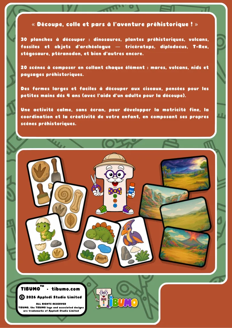 Quatrième de couverture · Tibumo : Les dinosaures · Découper et coller · Français