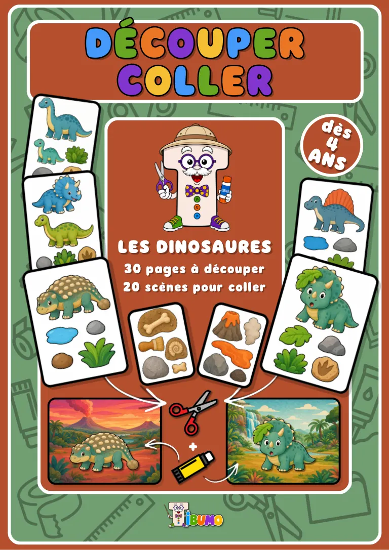 Couverture · Tibumo : Les dinosaures · Découper et coller · Français