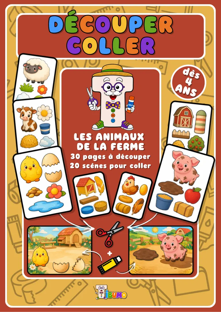 Couverture · Tibumo : Les animaux de la ferme · Découper et coller · Français