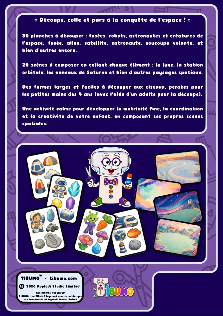 Quatrième de couverture · Tibumo : À la conquête de l’espace · Découper et coller · Français