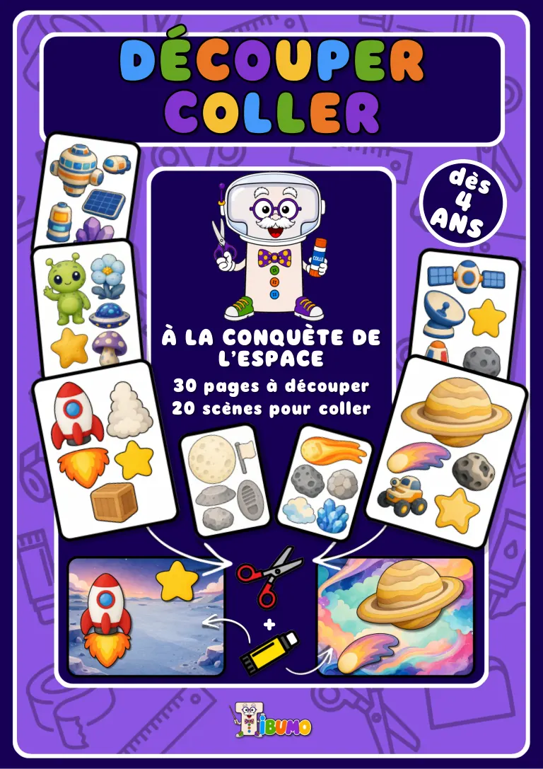 Couverture · Tibumo : À la conquête de l’espace · Découper et coller · Français