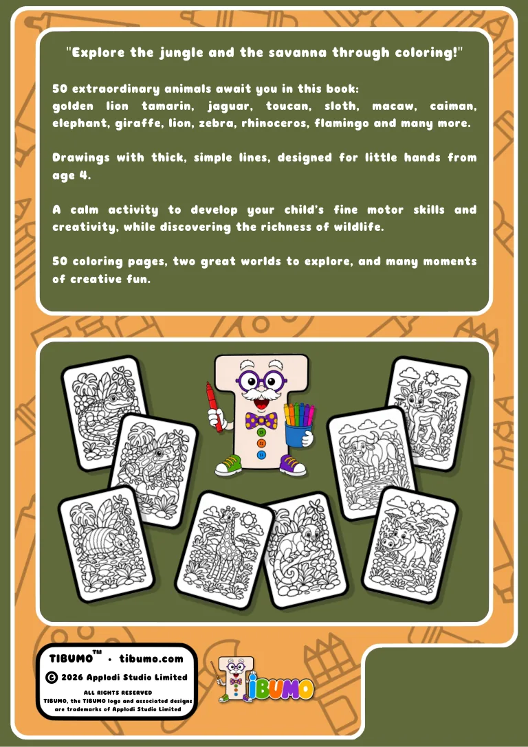 Quatrième de couverture · Tibumo : Jungle et Savane · Coloriage · Anglais