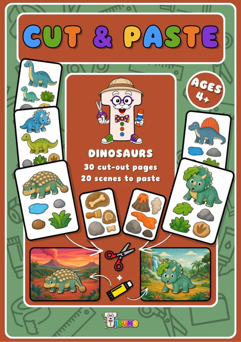 Couverture · Tibumo : Les dinosaures · Découper et coller · Anglais