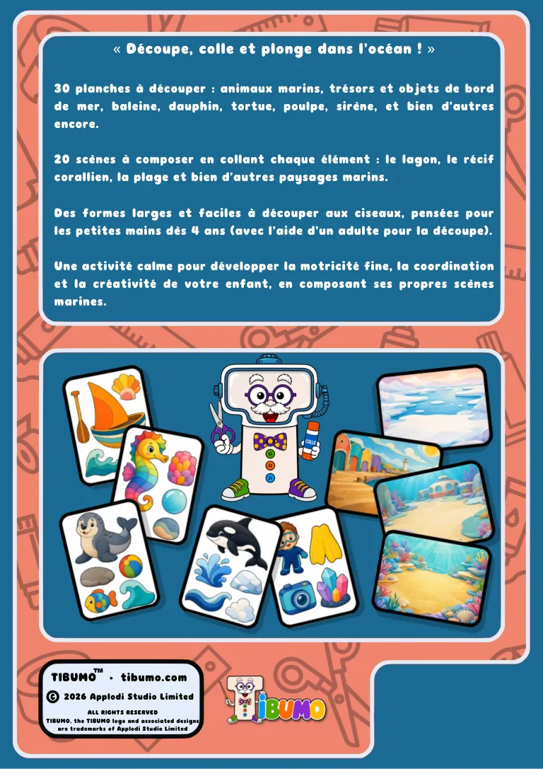 Quatrième de couverture · Tibumo : Océan et animaux marins · Découper et coller · Français