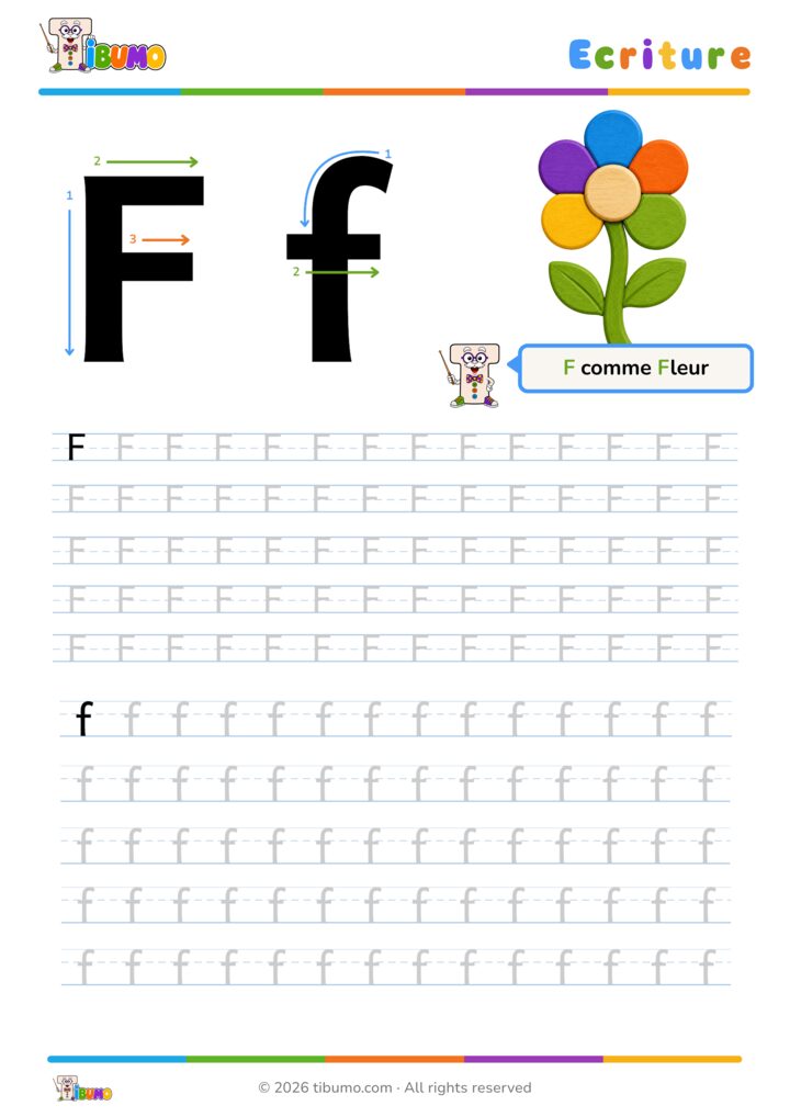 Fiche d’écriture lettre F à imprimer, avec tracé majuscule et minuscule.