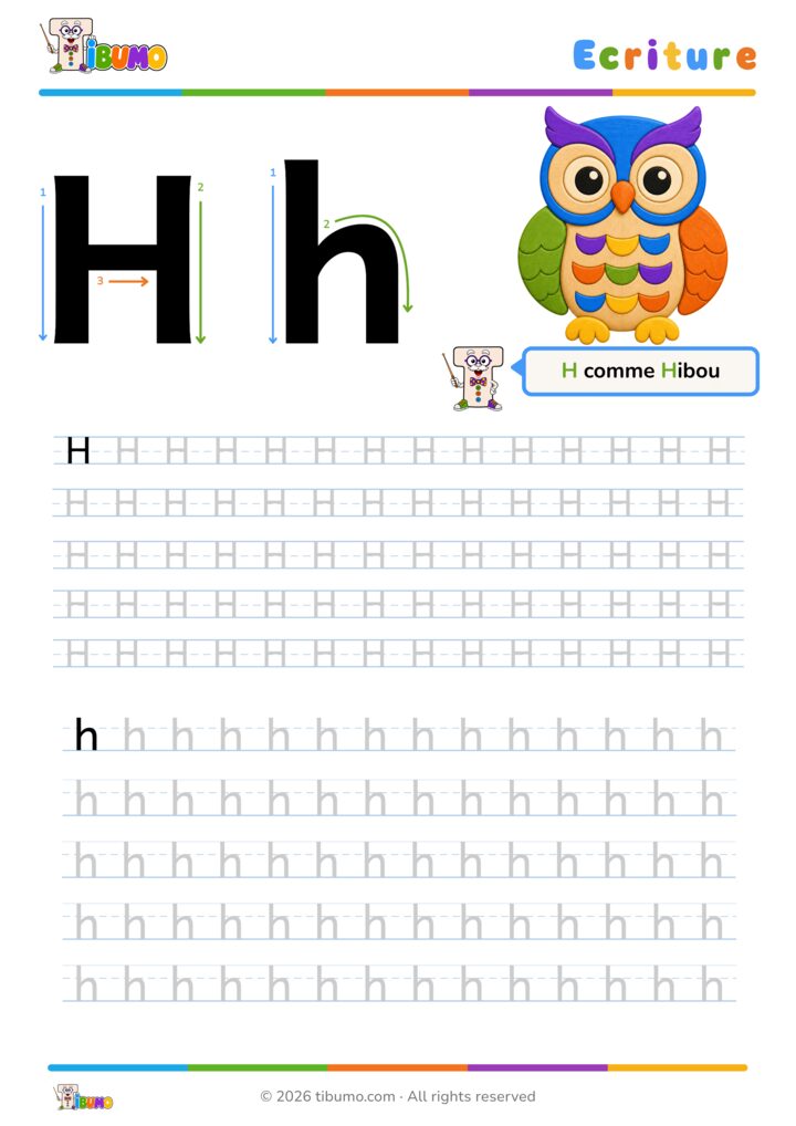 Fiche d’écriture lettre H à imprimer, avec tracé majuscule et minuscule.