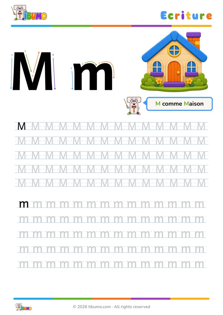 Fiche d’écriture lettre M à imprimer, avec tracé majuscule et minuscule.