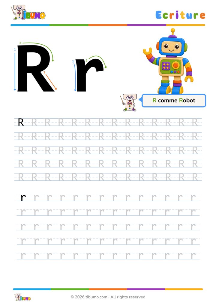 Fiche d’écriture lettre R à imprimer, avec tracé majuscule et minuscule.