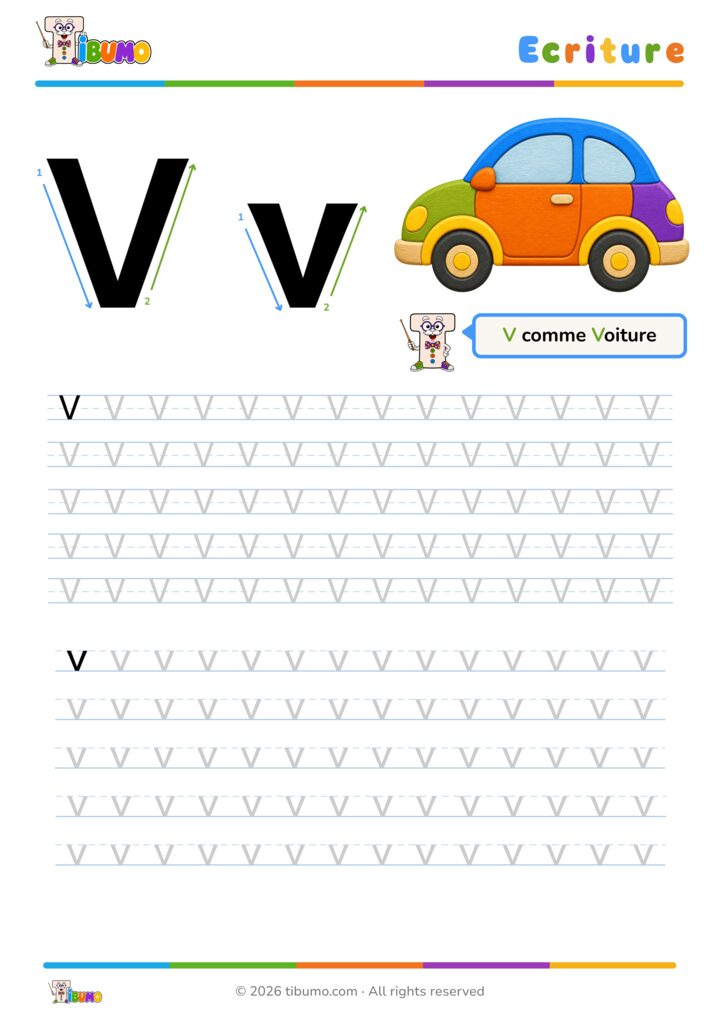 Fiche d’écriture lettre V à imprimer, avec tracé majuscule et minuscule.
