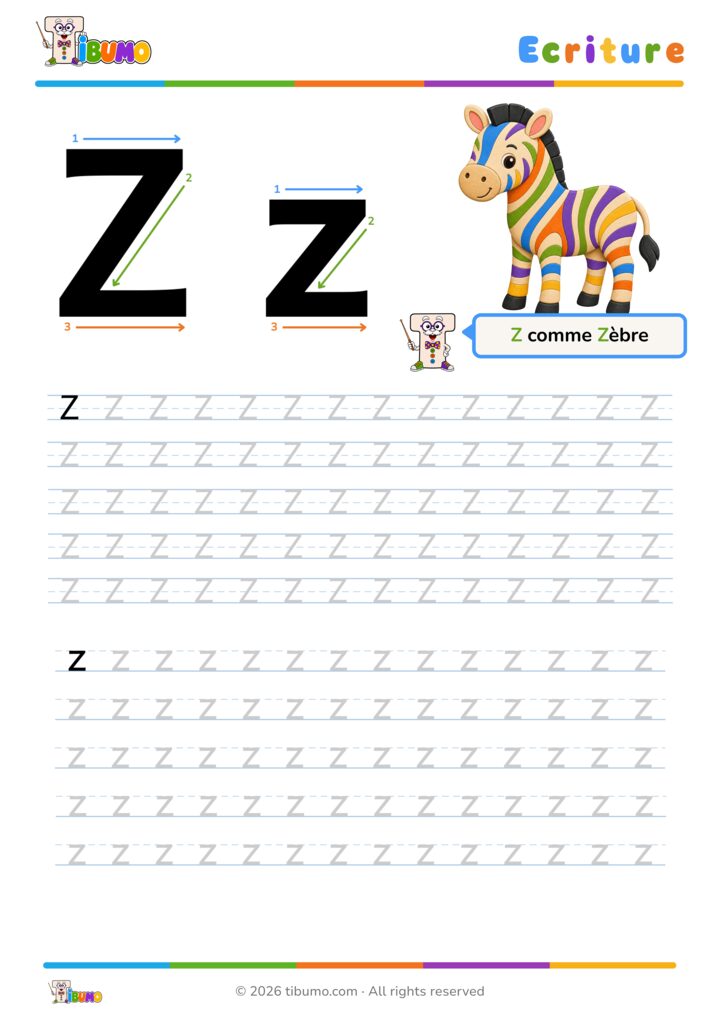 Fiche d’écriture lettre Z à imprimer, avec tracé majuscule et minuscule.