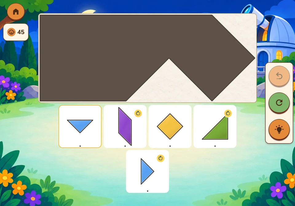 Une silhouette de Tangram et cinq pièces géométriques colorées disponibles dans la réserve.