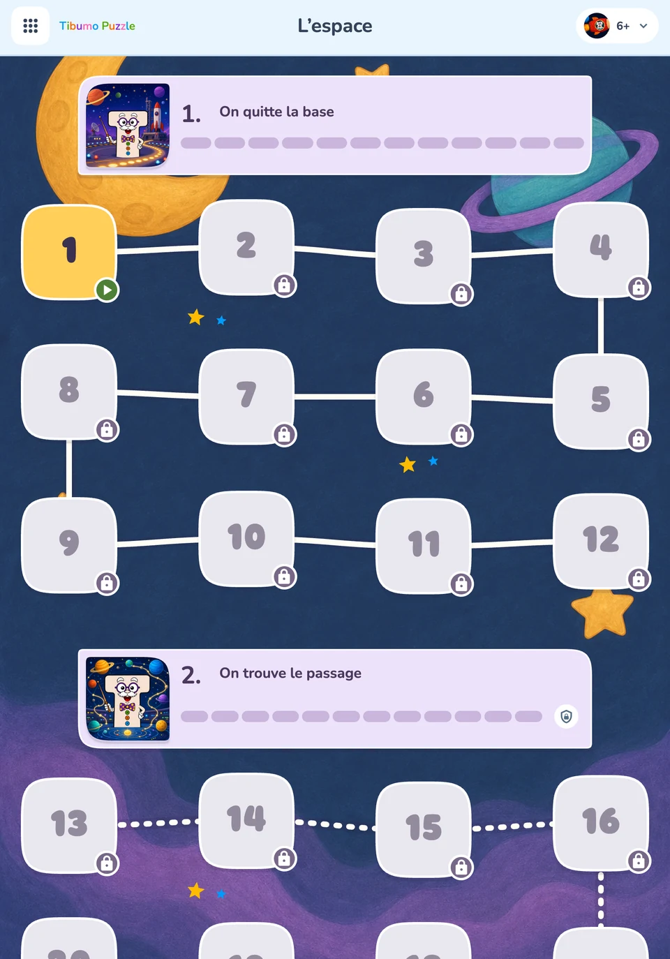 Menu Traffic avec des sections illustrées et des repères de progression.