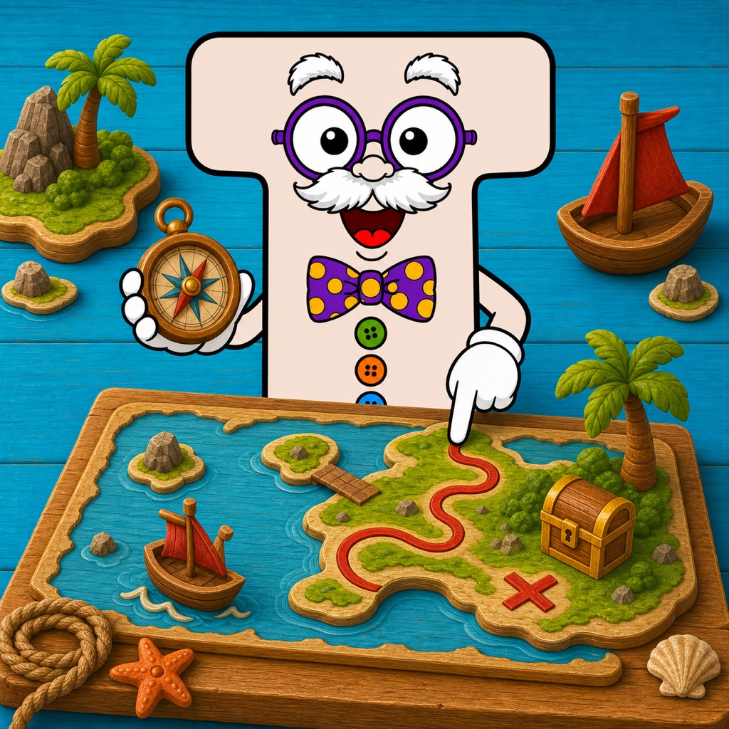 Professor T sailing along a red route between treasure islands