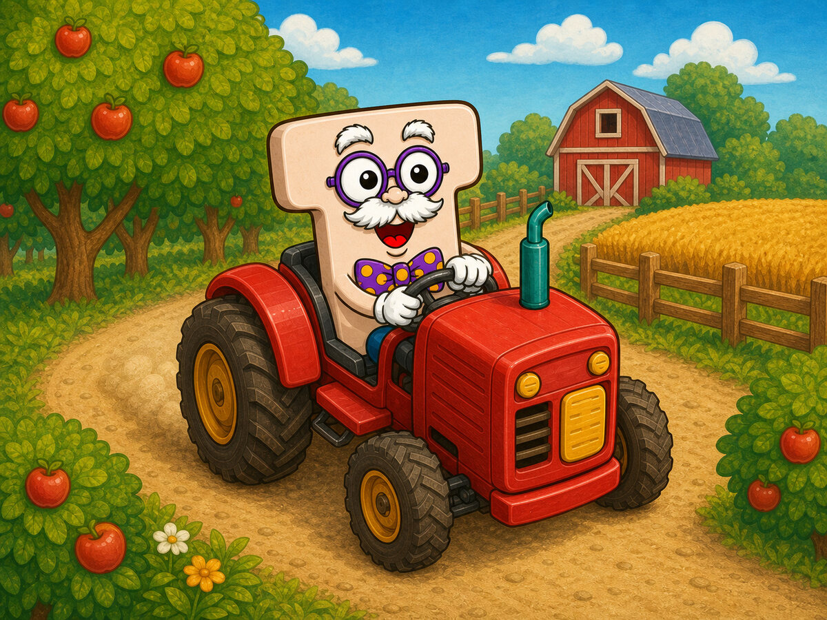 Professor T driving the red tractor through the Farm world